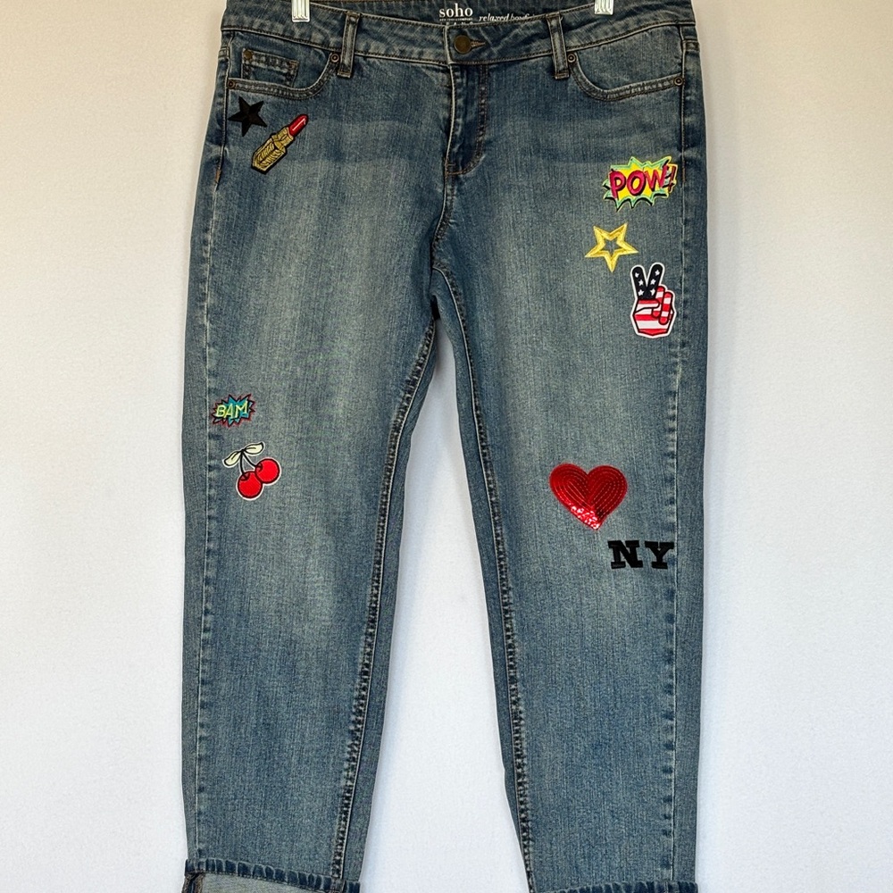 SoHo New York & Co 6 Jeans with patches. Roll cuffs Fun Hippie Indie Sleeze - Picture 1 of 11